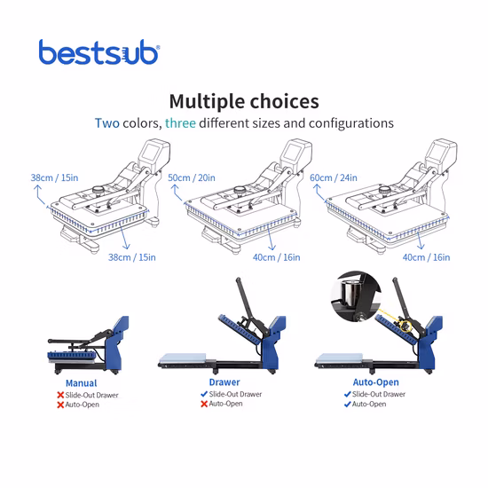 Bestsub Auto Drawer Flat Flat Sublimation Transfer Heat Press Machine (38*38cm, Seychelles Blue)